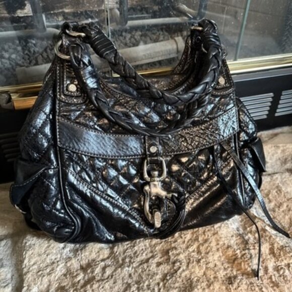 FRANCESCO BIASIA Black Leather Shoulder Bag Large Sachel Silver Clasp Zipper - Picture 1 of 11